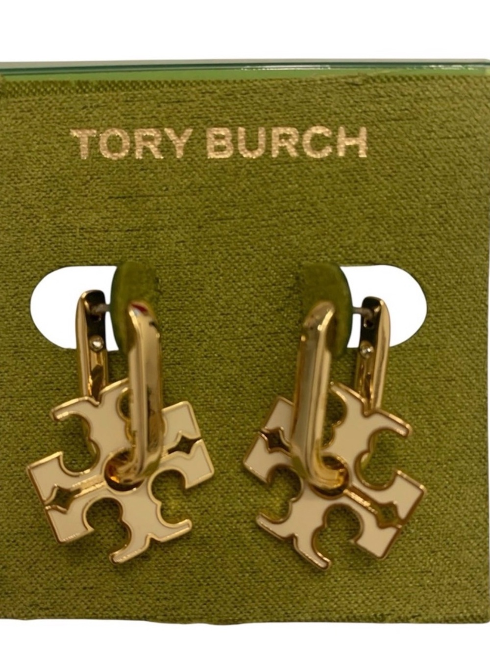 Tory Burch Gold and Cream Logo Huggie Earrings